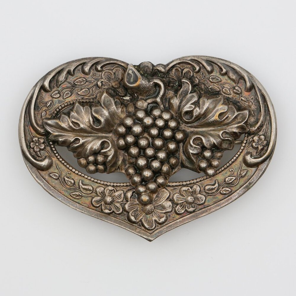 Antique Art Nouveau Silver Plated Grapes Bunch Heart Shaped Sash Pin Brooch 1890